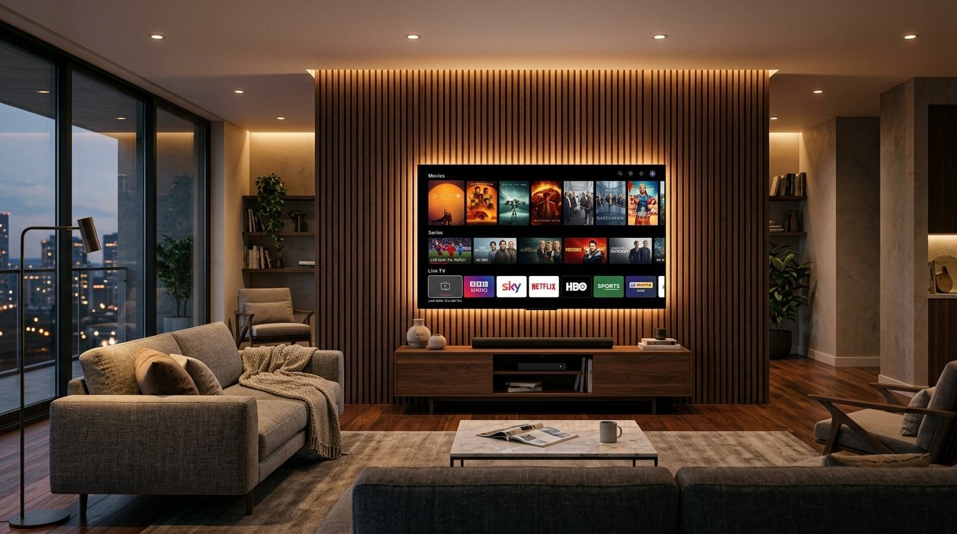Hot Player IPTV application on sleek OLED television setup