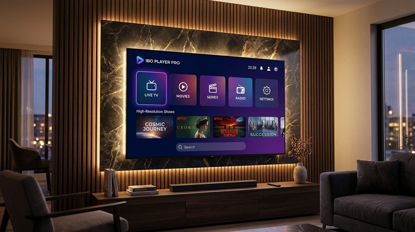 IBO Player Pro application running on modern 4K Smart TV in living room