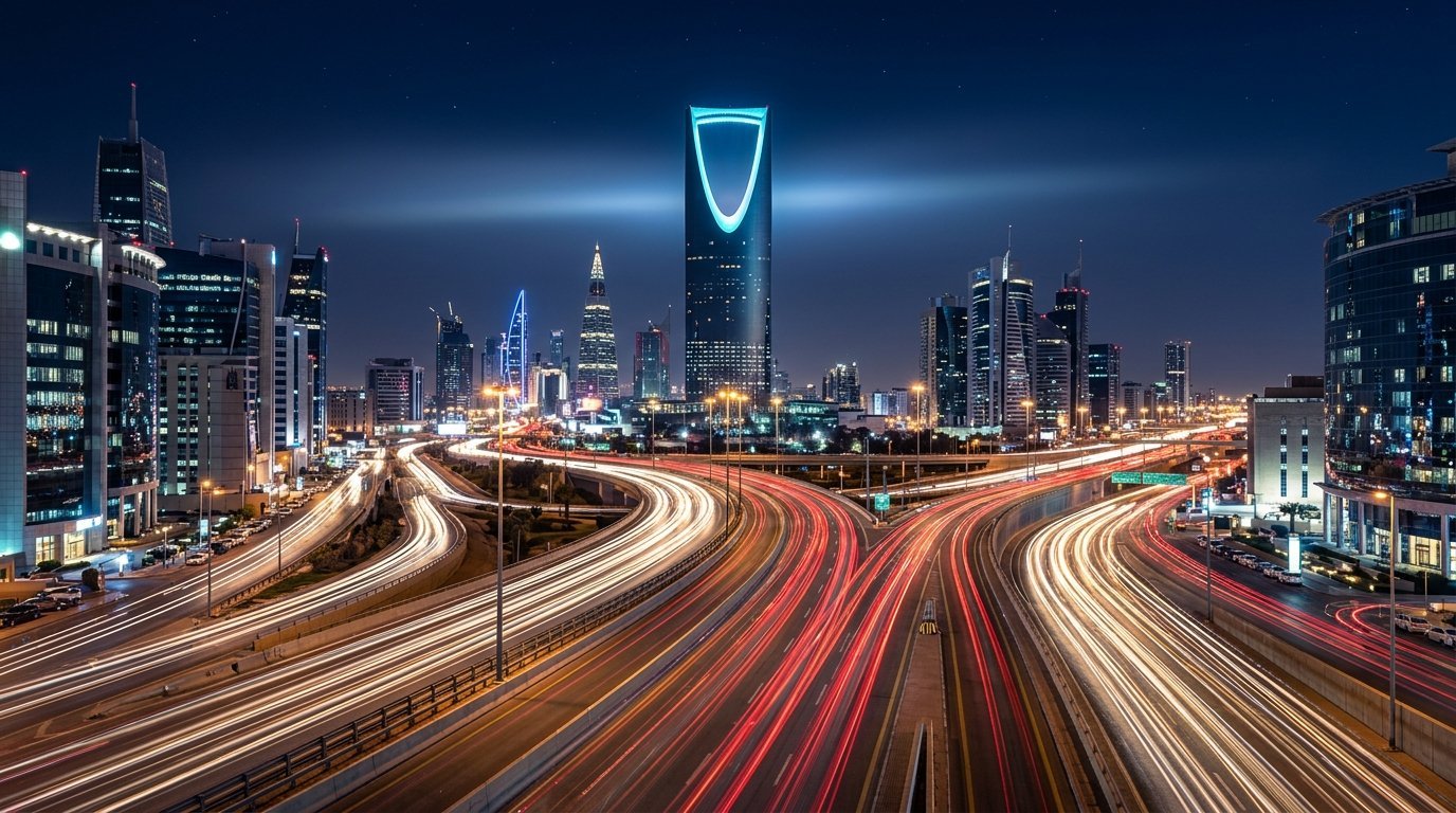 Riyadh Saudi Arabia skyline at night with Kingdom Centre tower